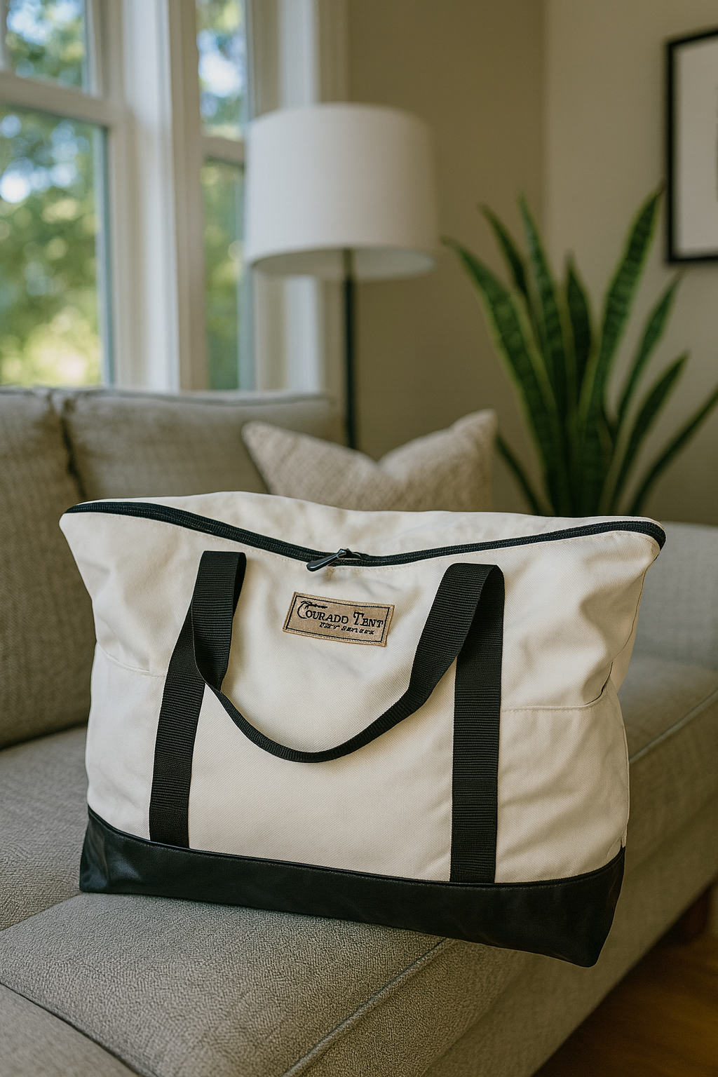 White canvas tote with black handles, vinyl bottom, and leather Colorado Tent logo
