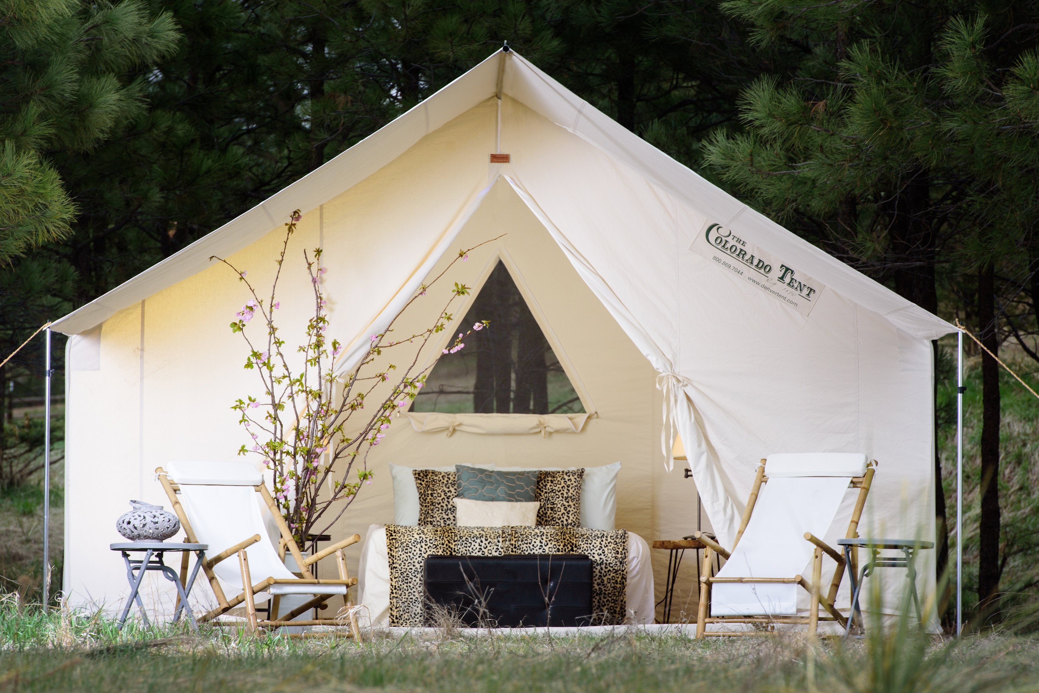 Colorado Wall Tent setup for Glamping or Glamp Sites. Made of 100% Canvas in the USA