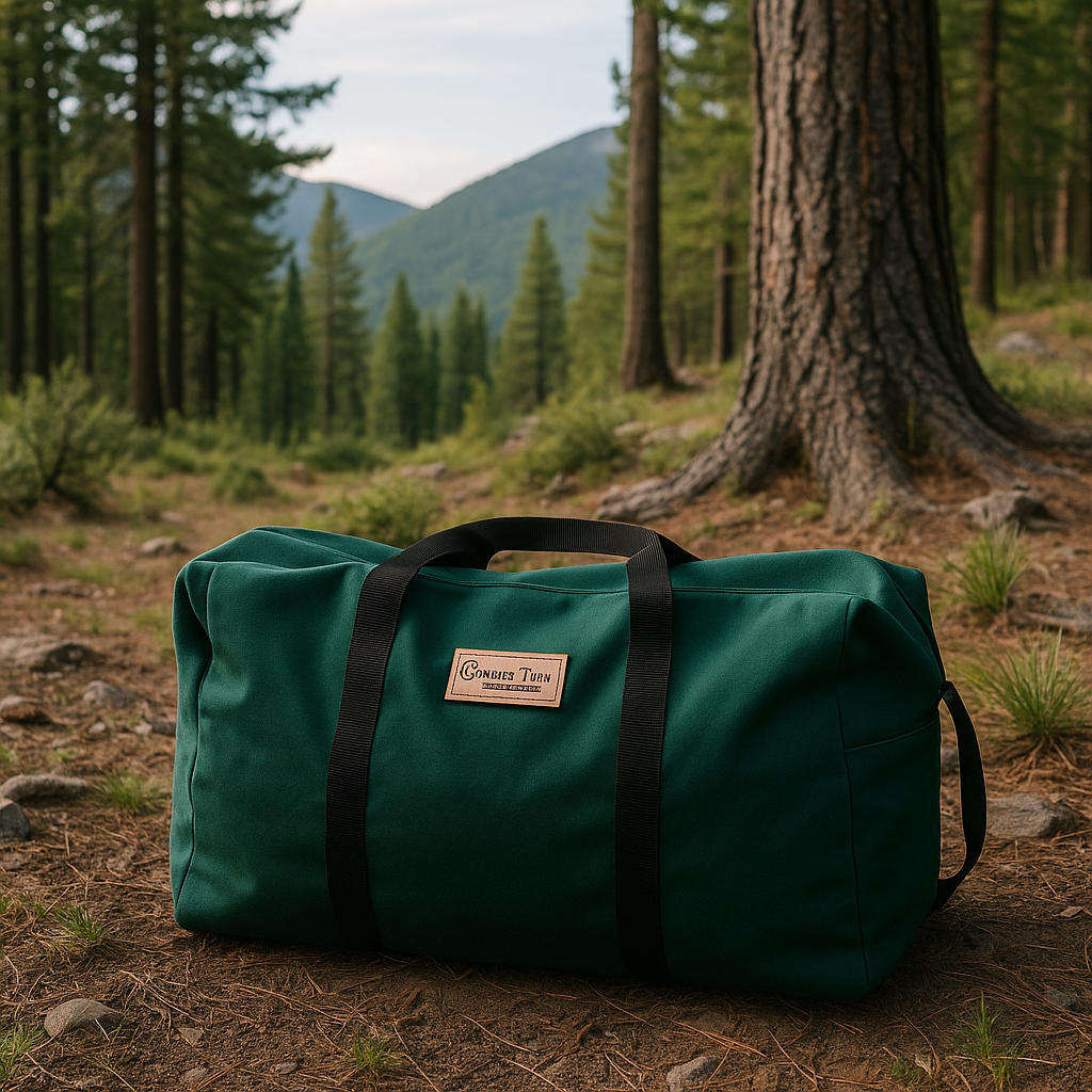 Forest green canvas tote bag with black straps and Colorado Tent logo