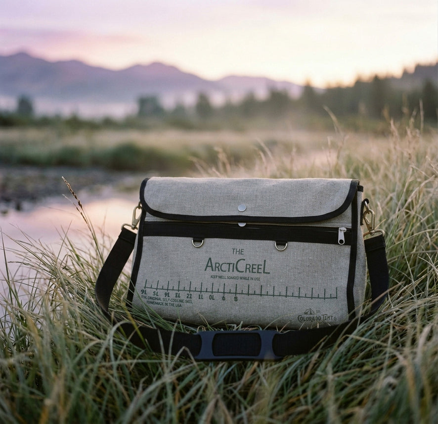 ArctiCreeL canvas creel bag with its printed fish ruler, standing in streamside grass at dusk.