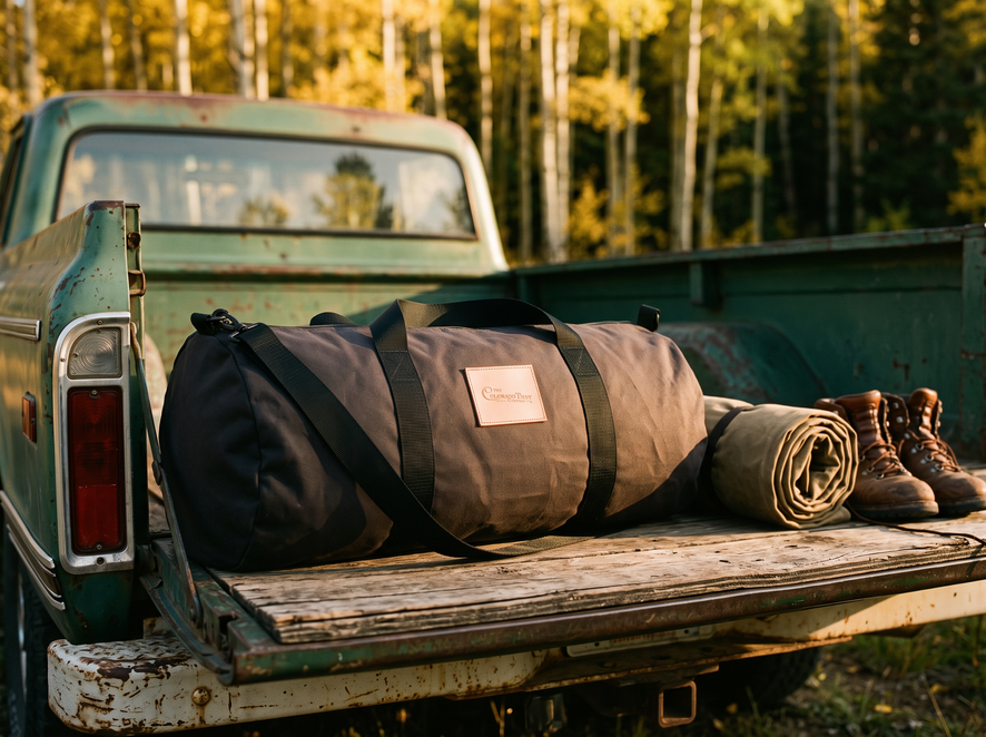 Waxed canvas duffle on the tailgate of a vintage green pickup, with a bedroll and leather boots.