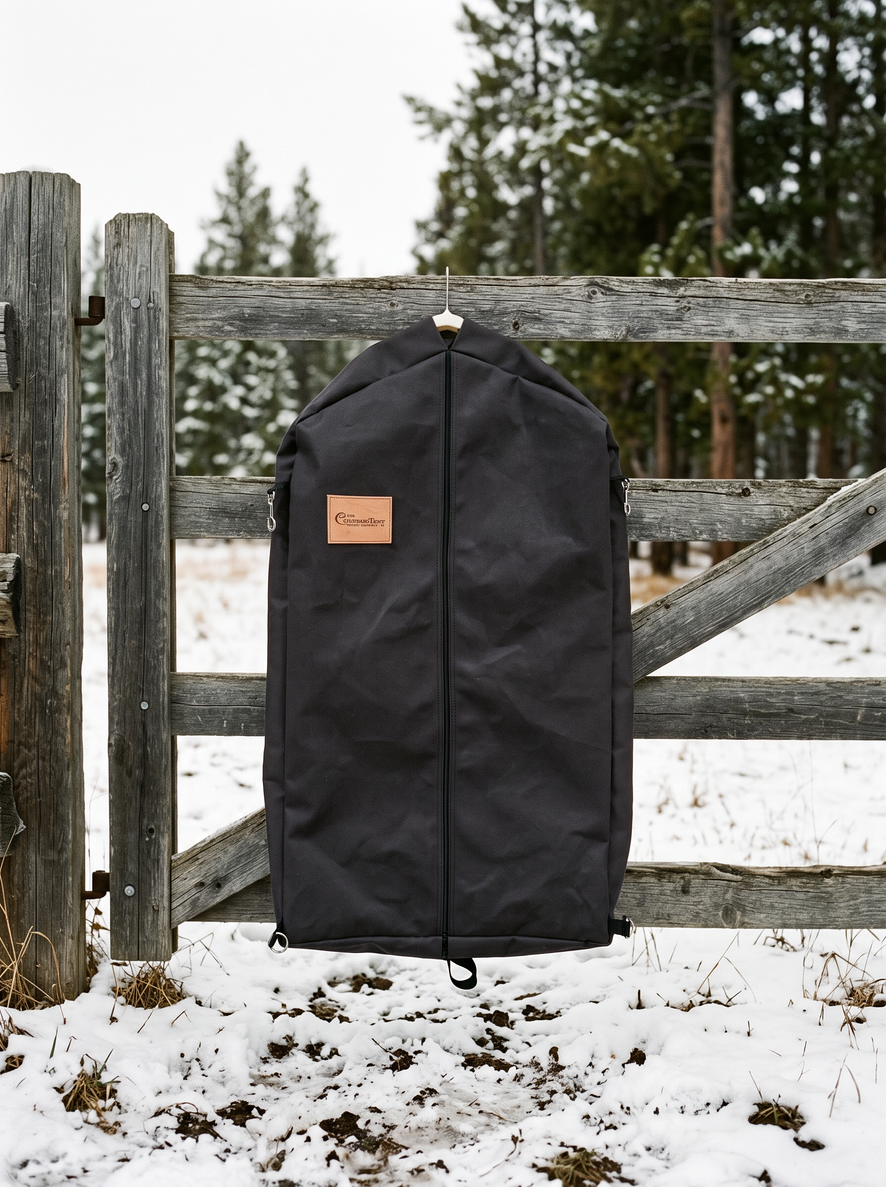 Black waxed canvas Colorado Garment Bag hanging on a wood fence in the snow