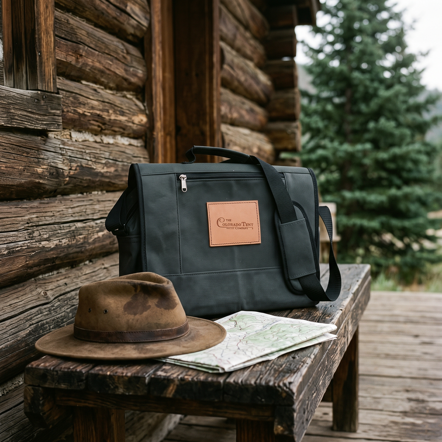 Dark canvas messenger bag on a log cabin porch bench, next to a felt hat and an open paper map.