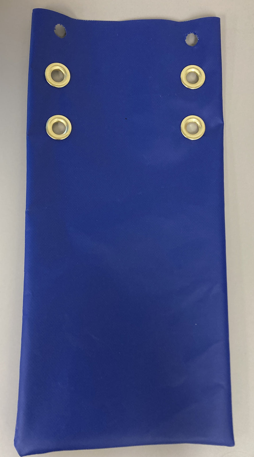 Flat blue vinyl weight bag with four brass grommets along the top edge.