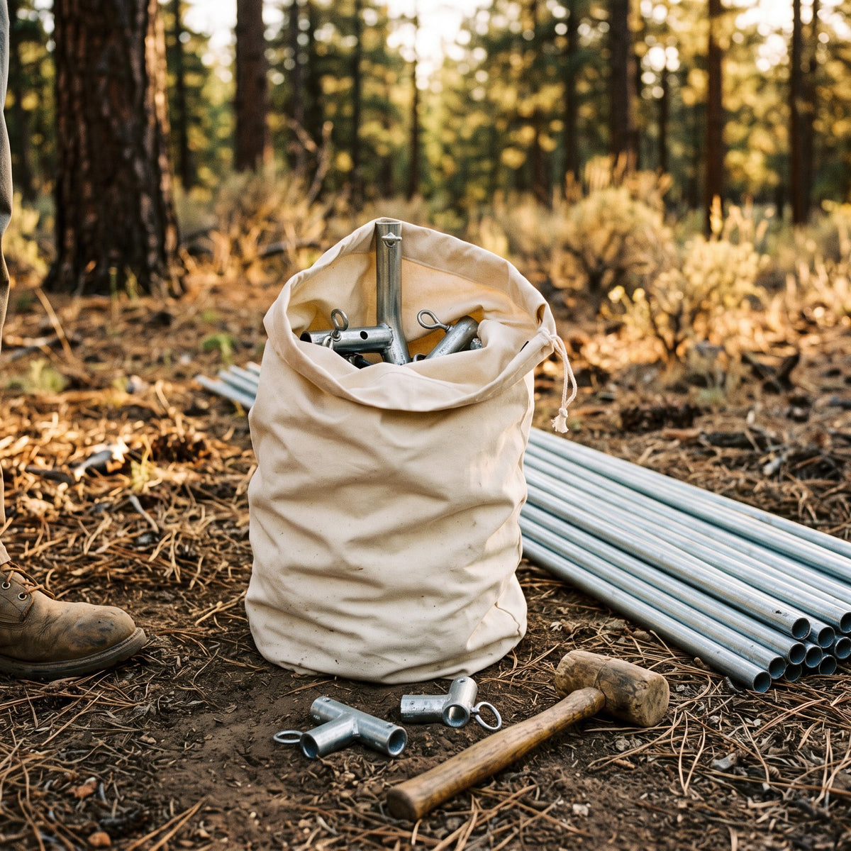 Coupler Bag standing open with steel tent frame fittings inside, beside a stack of frame poles at camp