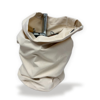 Natural canvas Coupler Bag holding steel tent frame couplers, on a white background