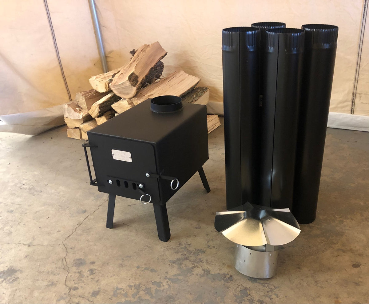 Base Camp Wood Stove Kit by North Woods Fabrication, with four sections of stove pipe and a rain cap