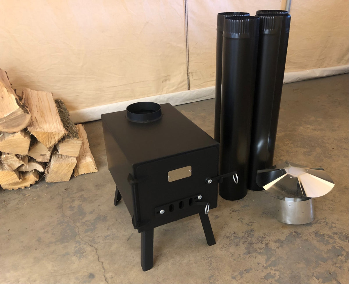 Base Camp Wood Stove Kit by North Woods Fabrication, side view with stove pipe and rain cap