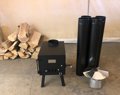Base Camp Wood Stove Kit by North Woods Fabrication, three-quarter view with stove pipe and rain cap