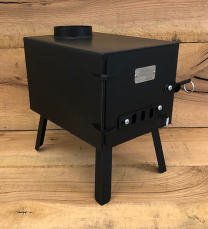 Base Camp Wood Stove Kit by North Woods Fabrication, three-quarter view from the right