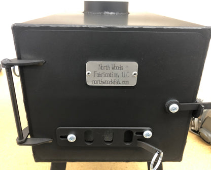 Base Camp Wood Stove Kit by North Woods Fabrication, door and draft control with the maker's plate
