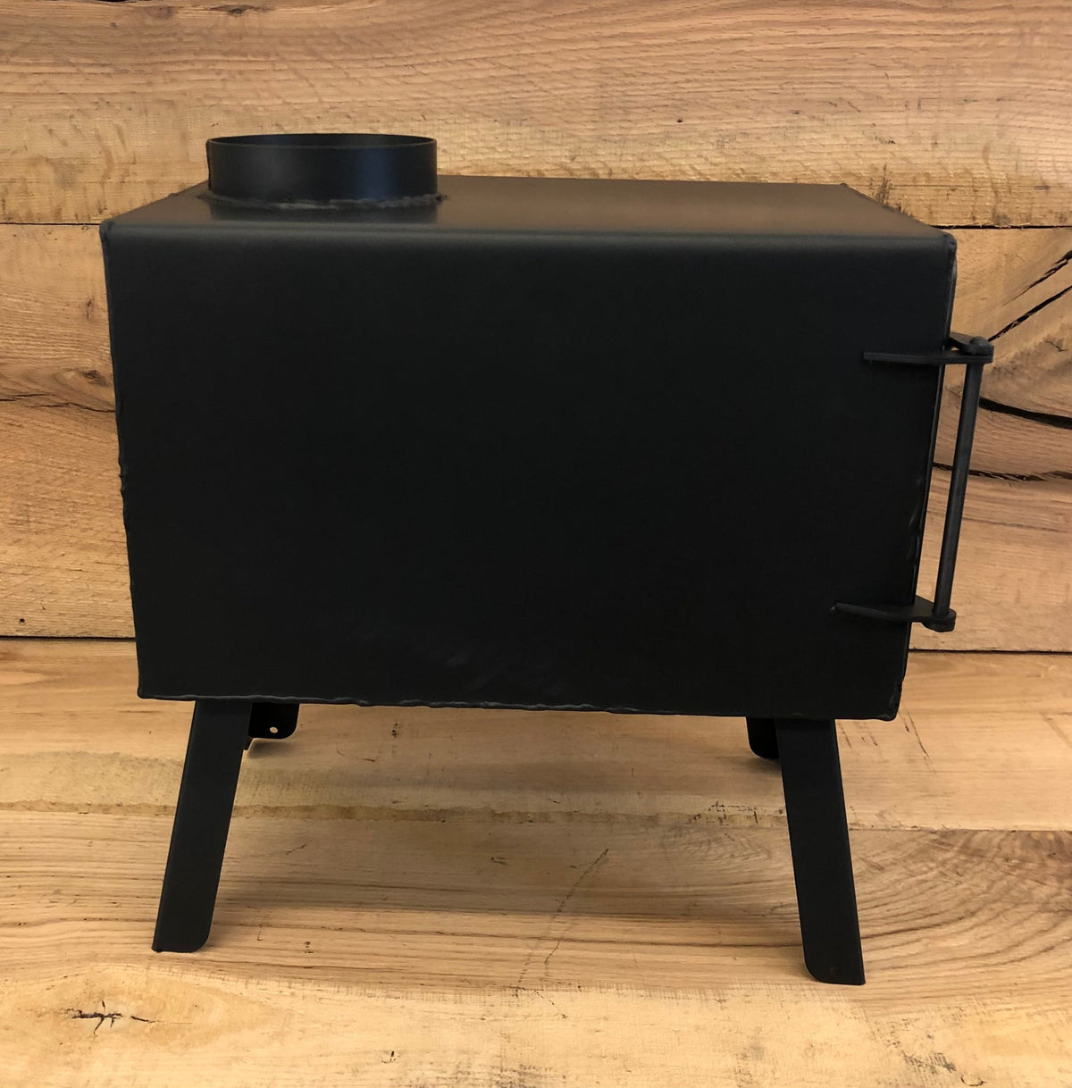 Base Camp Wood Stove Kit by North Woods Fabrication, side view from the other side