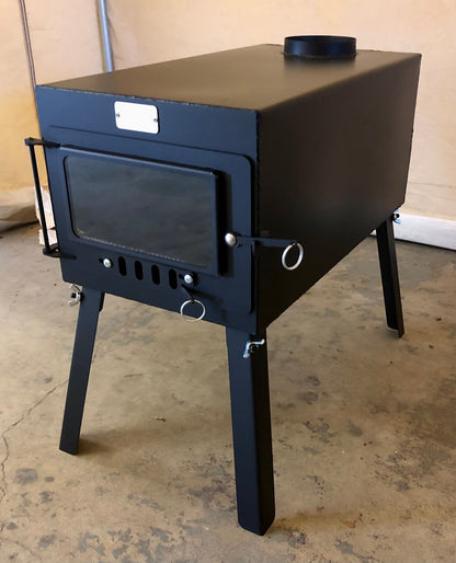Explorer Wood Stove by North Woods Fabrication, three-quarter view from the right