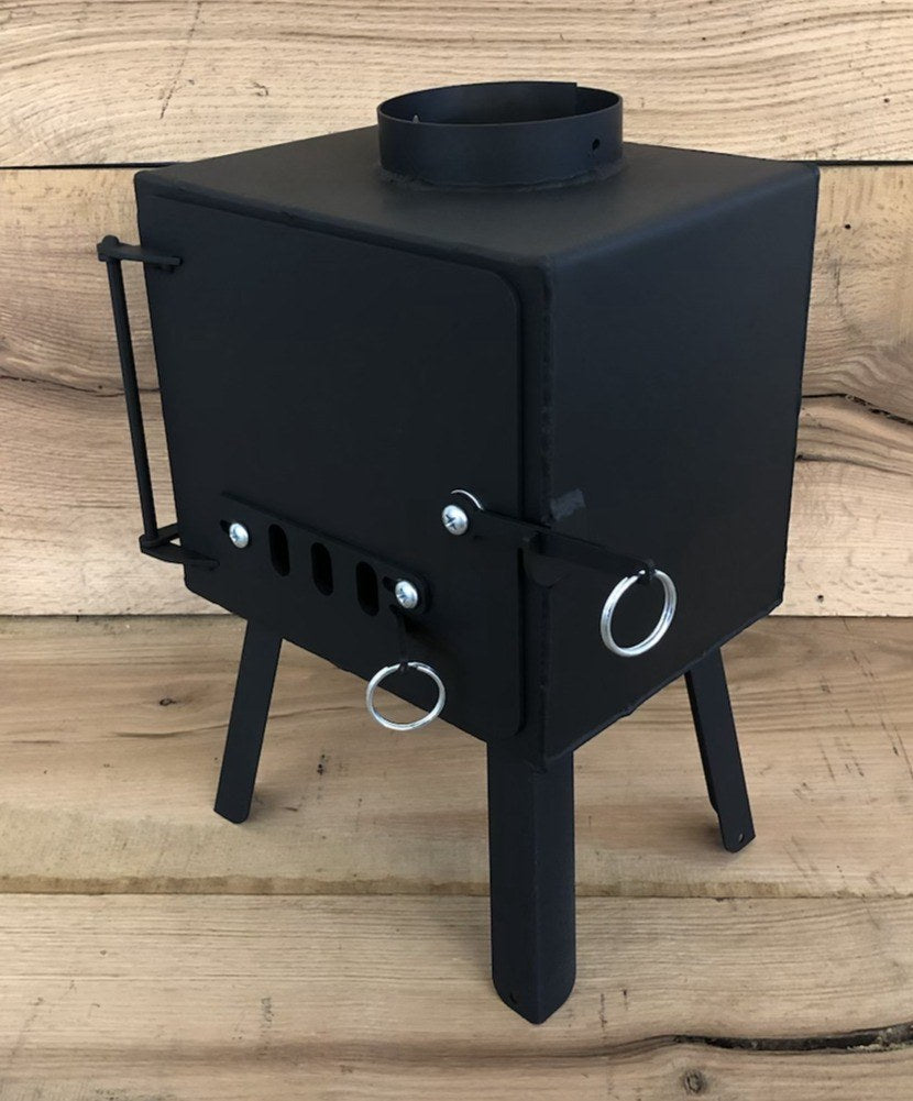 Mini Base Camp Wood Stove by North Woods Fabrication, front three-quarter view