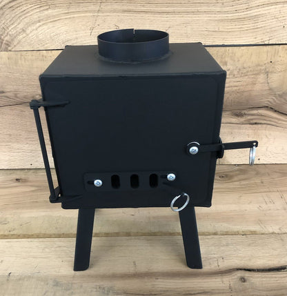 Mini Base Camp Wood Stove by North Woods Fabrication, front view