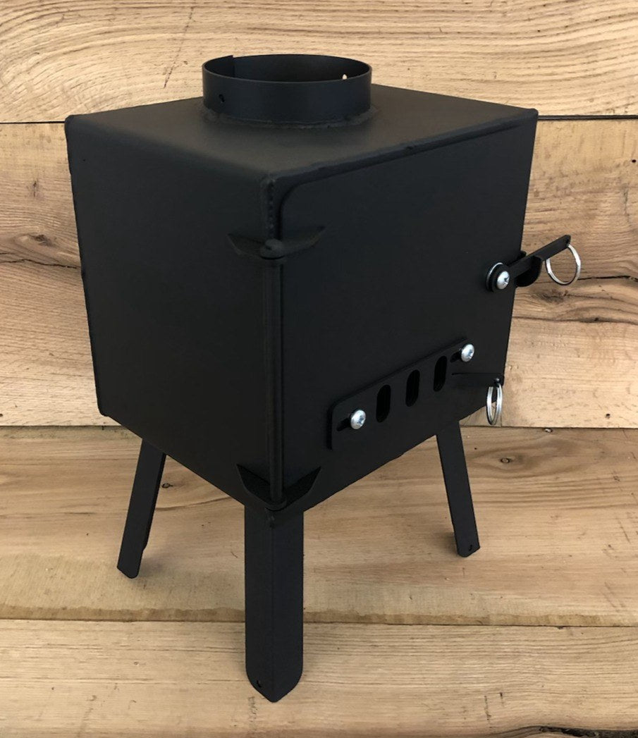 Mini Base Camp Wood Stove by North Woods Fabrication, three-quarter view from the right