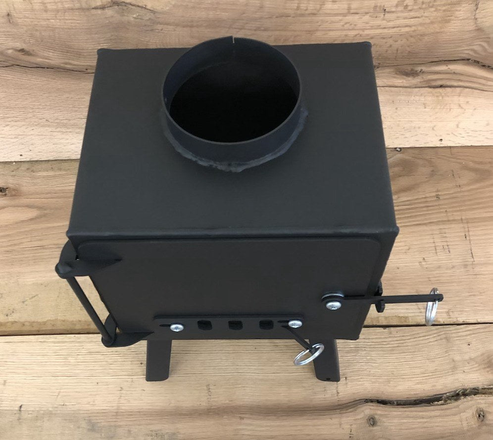 Mini Base Camp Wood Stove by North Woods Fabrication, flue collar on top