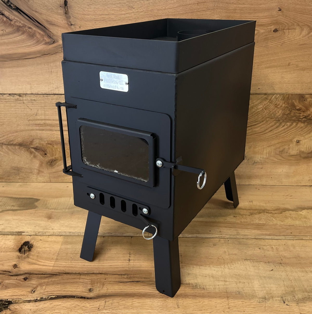 Sauna Wood Stove by North Woods Fabrication, three-quarter view from the right
