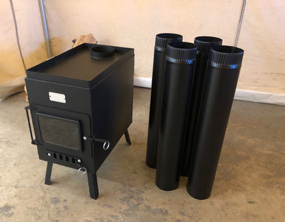 Sauna Wood Stove Kit by North Woods Fabrication, with four sections of 4 in stove pipe