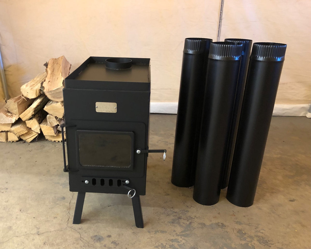 Sauna Wood Stove Kit by North Woods Fabrication, front view with stove pipe
