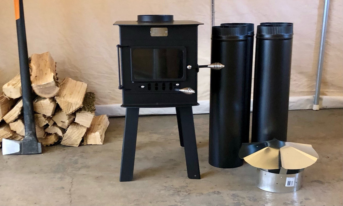 Woodsman Stove Kit by North Woods Fabrication, side view with stove pipe and rain cap