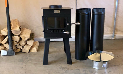 Woodsman Stove Kit by North Woods Fabrication, side view with stove pipe and rain cap