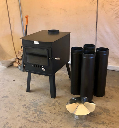 Woodsman XXL Stove Kit by North Woods Fabrication, side view with stove pipe and rain cap
