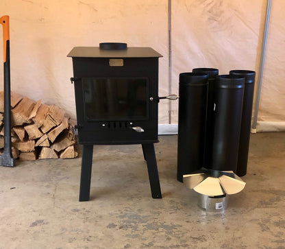 Woodsman XXL Stove Kit by North Woods Fabrication, front view with stove pipe and rain cap