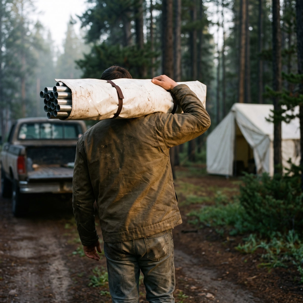 Large Tent Pole Bag wrapped around steel frame poles, carried on a shoulder toward camp