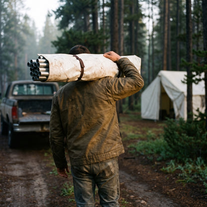 Large Tent Pole Bag wrapped around steel frame poles, carried on a shoulder toward camp