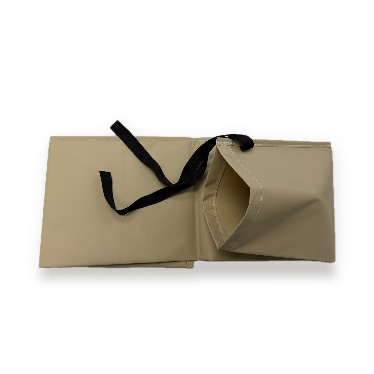 Small Tent Pole Bag in tan vinyl, unrolled to show the end pocket and strap, on a white background