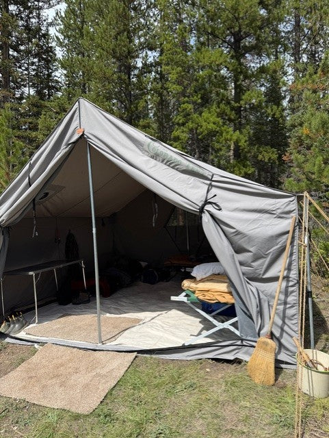 The 1890 in WeatherMax 80, Light Charcoal, with the door tied open at elk camp in northern Colorado