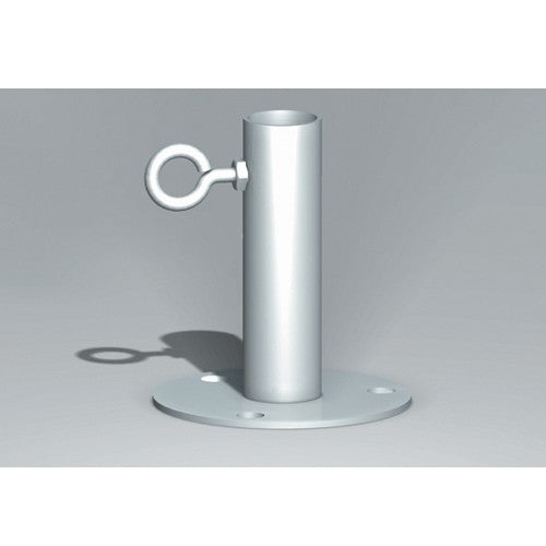 Steel foot pad with a round flange base, an upright pole socket, and a welded eye ring.