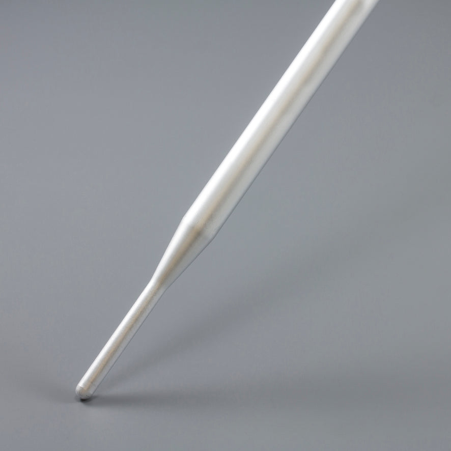 Close-up of the tapered end of an aluminum side tent pole on a gray background.